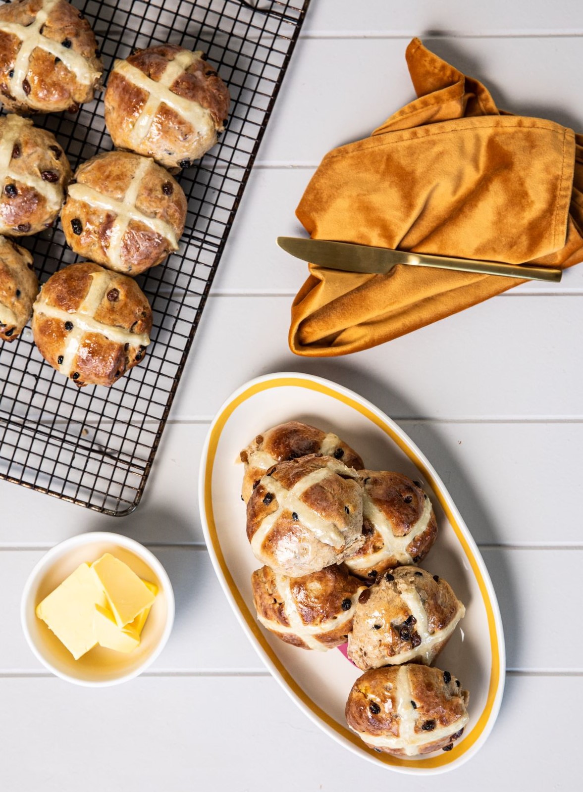 Freshly baked spiced hot cross buns with a candied peel 